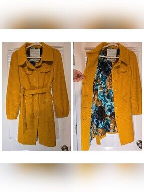 Anthropologie Beth Bowley Wool Silk Jacket Belt Pockets Sz 6 Mustard Yellow